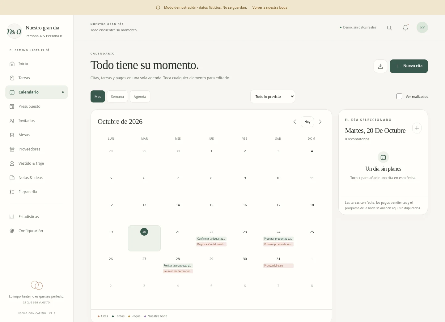 Calendario con citas, tareas y pagos. Demostración de NayAl con fechas y preparativos ficticios.