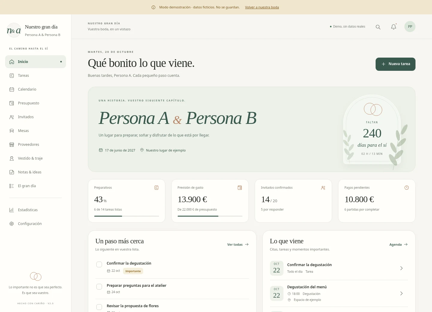 Resumen de preparativos, gastos e invitados. Captura de una versión anterior de NayAl en modo demostración, sin datos privados.