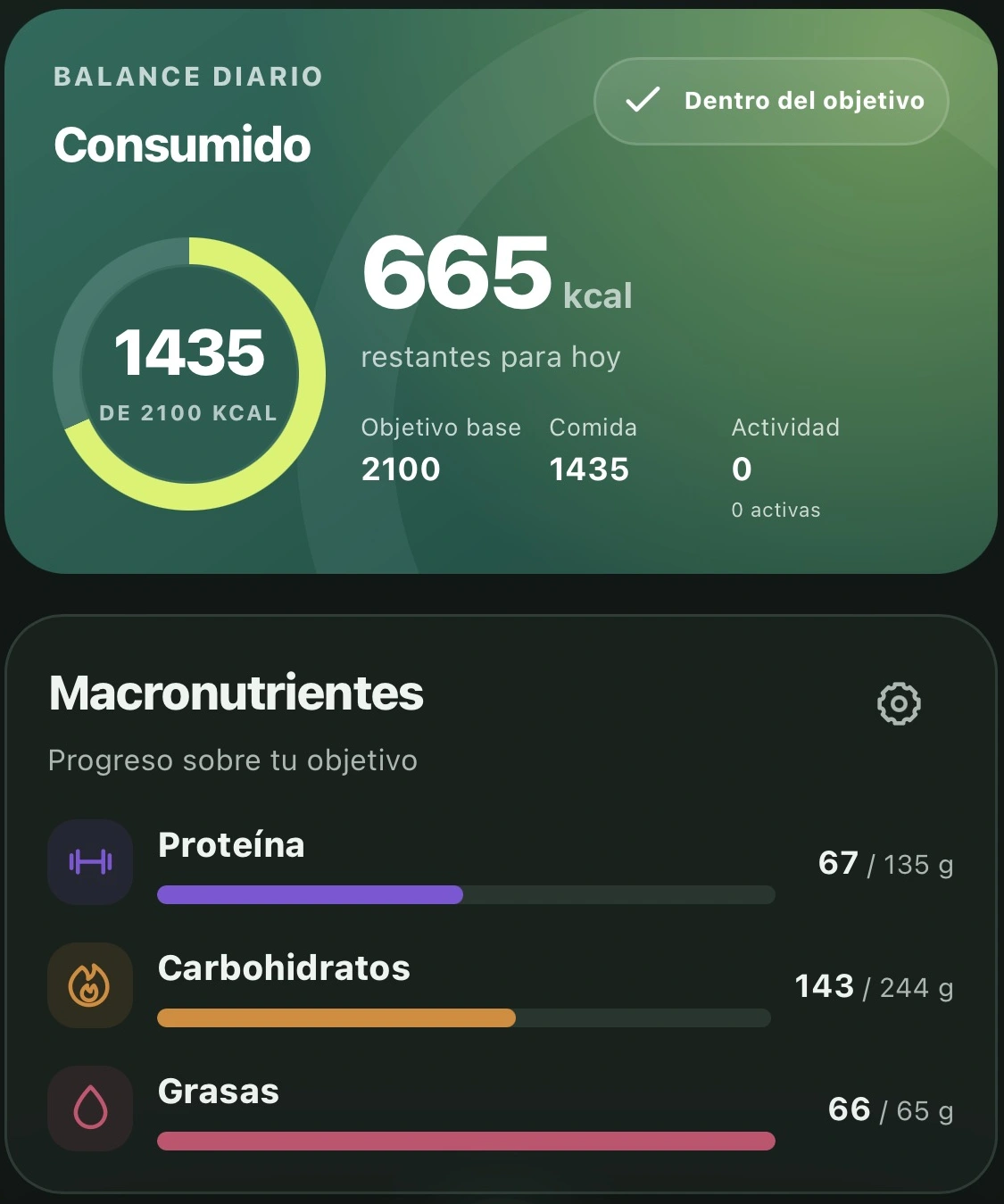 Vista del balance diario y macronutrientes de NutriGO